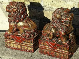 Victorian Antique Wood carved Asian Temple Lions Foo dogs Te Ling pair 7