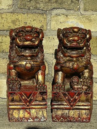 Victorian Antique Wood carved Asian Temple Lions Foo dogs Te Ling pair 8