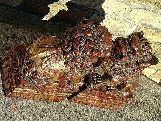 Victorian Antique Wood carved Asian Temple Lions Foo dogs Te Ling pair 9