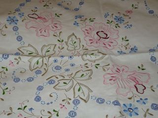 Elaborate Colorful Embroidered & Cutwork Madeira Linen Tablecloth 49 "
