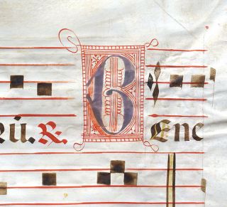 Large Illuminated Manuscript Leaf C.  1525 Music & Chant,  Large Initials,  Prayers