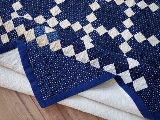 ANTIQUE c1880 Dark Indigo Blue & White Nine Patch Irish Chain Quilt 74 