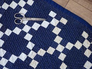 ANTIQUE c1880 Dark Indigo Blue & White Nine Patch Irish Chain Quilt 74 