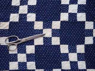ANTIQUE c1880 Dark Indigo Blue & White Nine Patch Irish Chain Quilt 74 