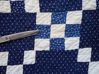 ANTIQUE c1880 Dark Indigo Blue & White Nine Patch Irish Chain Quilt 74 