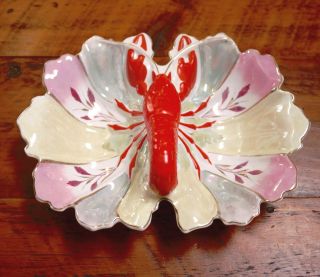 Vintage Antique German Lobster Crawfish Porcelain Painted Serving Tray Dish Bowl