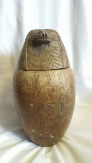 Vtg Ancient Egyptian Carved Stone Hieroglyphics Heavy Urn Vase With Lid