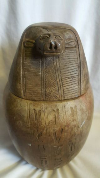 Vtg Ancient Egyptian Carved Stone Hieroglyphics Heavy Urn Vase With Lid 2