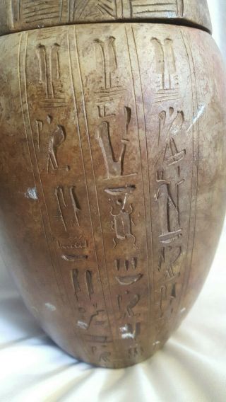 Vtg Ancient Egyptian Carved Stone Hieroglyphics Heavy Urn Vase With Lid 3