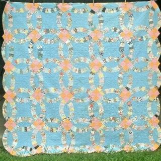 Antique Vintage 1920s/30s Blue Double Wedding Ring Patchwork Quilt Wowww