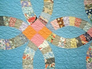 ANTIQUE VINTAGE 1920S/30S BLUE DOUBLE WEDDING RING PATCHWORK QUILT WOWWW 3