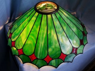 Antique Vintage Arts & Crafts Period Green Red Slag Glass Lamp Shade Steuben Era