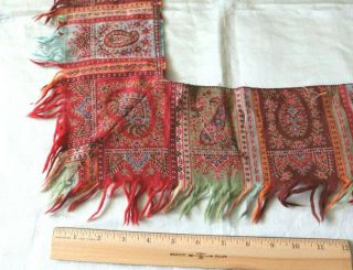 19thC Antique Kashmir Woven Wool Paisley Border Fabric Yardage L - 204 