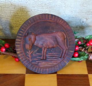 Cow Butter Mold Primitive Round Carved Wood Wooden Butter Stamp Press