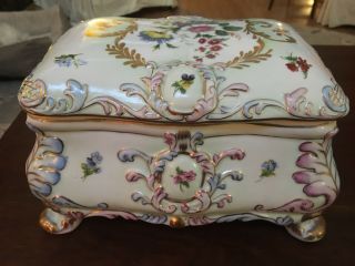 Large Heavy Vintage Rk Crown Dresden Porcelain Box With Flowers And Gold Accents