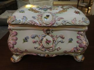 Large Heavy Vintage RK Crown Dresden Porcelain Box with Flowers And Gold Accents 3