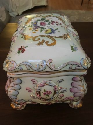Large Heavy Vintage RK Crown Dresden Porcelain Box with Flowers And Gold Accents 8