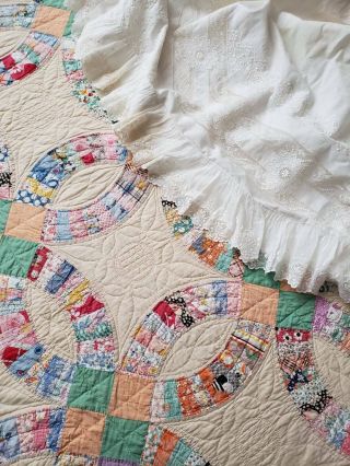 Vintage Peach & Green Wedding Ring QUILT 86x71 Such Lovely Prints 2