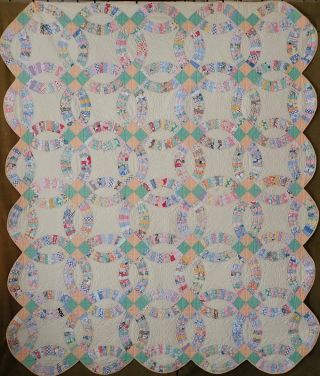 Vintage Peach & Green Wedding Ring QUILT 86x71 Such Lovely Prints 4