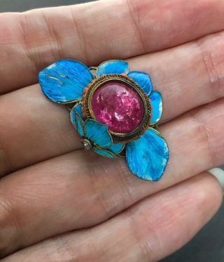 Antique Chinese Qing Dynasty Kingfisher Feather Pendant Tourmaline & Coral 碧玺 5