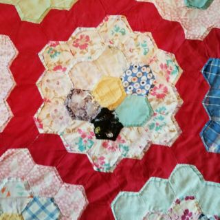 Vintage Rustic Possible Feed Sack Hand Sewn FLOWER GARDEN Old Quilt,  84 