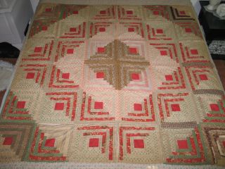 Antique Circa Mid 1800s Log Cabin Quilt - Hand Pieced Hand Quilted Rustic Primitiv