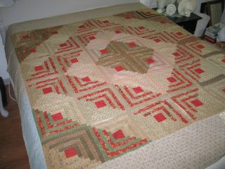 Antique circa mid 1800s LOG CABIN QUILT - Hand Pieced Hand Quilted Rustic Primitiv 3