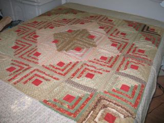Antique circa mid 1800s LOG CABIN QUILT - Hand Pieced Hand Quilted Rustic Primitiv 4