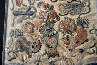 Vintage Chinese Hand Emroidered Silk Foo Dogs/Dragons Embroidery 3
