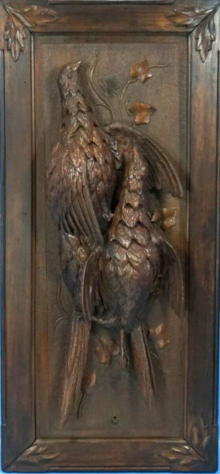 Antique Swiss Black Forest Carved Hunt Wall Plaque Pheasant Bird 3d Relief C1900
