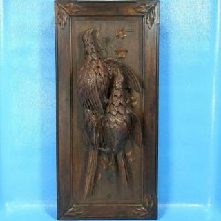 Antique Swiss Black Forest Carved HUNT WALL PLAQUE Pheasant Bird 3D Relief c1900 2