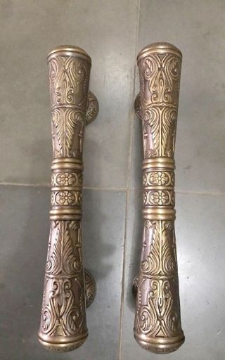 2 Large Door Handle Pulls 32 Cm Solid Engraved Brass Aged Old Style 13 " B
