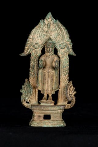 19th Century Standing Khmer Bronze Abhaya Protection Buddha Statue - 13cm/5 "