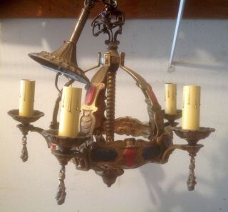Vintage Brass Spanish Revival 5 Light Chandelier Wired Ready To Hang