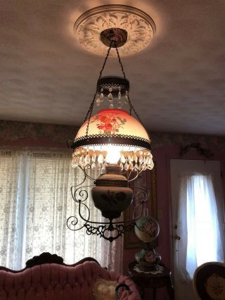 Bradley & Hubbard Parlor Hanging Converted Oil Lamp Hand Painted Globe Ceiling