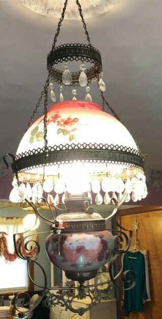 Bradley & Hubbard Parlor Hanging Converted Oil Lamp Hand Painted Globe Ceiling 2
