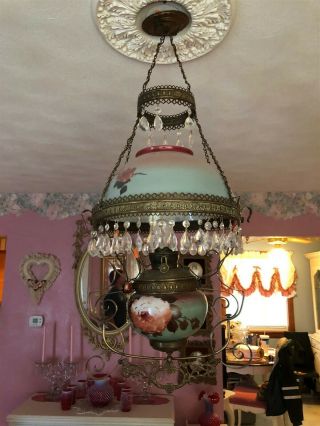 Bradley & Hubbard Parlor Hanging Converted Oil Lamp Hand Painted Globe Ceiling 3