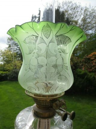Antique Victorian Veritas Green Acid Etched Tulip Duplex Oil Lamp Shade