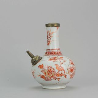 Ca 1700 Chinese Porcelain Rouche De Fer Ghendi Kendi Antique Birds Silve.