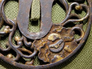 RARE Iron Peony TSUBA for KATANA 18 - 19thC Japanese Edo Samurai Koshirae Antique 7