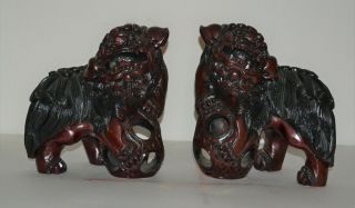 Large Vintage Chinese Hand Carved Red Black Wood Foo Dogs