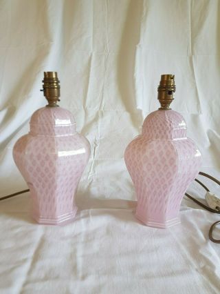 Pair Mid Century Pink & White Honeycomb Murano Table Lamps Double Bulb Holders