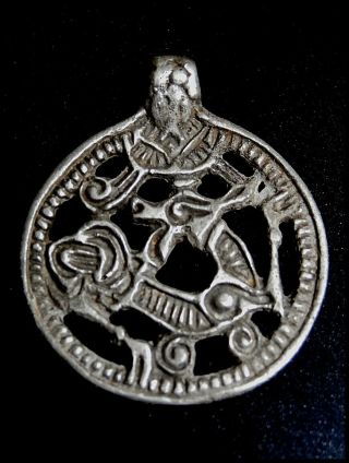 Very Rare Scandinavian Viking Silver Borre Style Gripping Beast Discoed Pendant