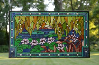Stained Glass Window Panel Waterlily Lotus Flower Pond,  34.  5 " X 20.  5 "