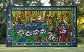 Stained glass window panel Waterlily Lotus Flower Pond,  34.  5 