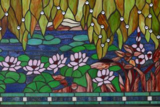 Stained glass window panel Waterlily Lotus Flower Pond,  34.  5 