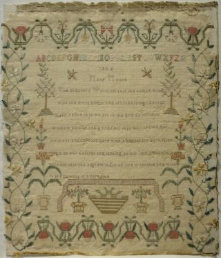 Early 19th Century Prose,  Motif & Alphabet Sampler By Mary Moore - 1804