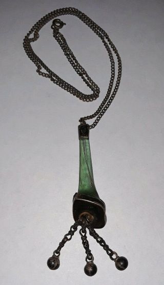 Ancient Roman Glass & Sterling Silver Necklace Marked Israel Brass Chain 20 "