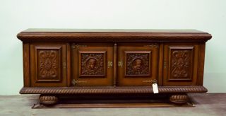 Antique French Spanish Tudor Style Carved Sideboard Buffet Cabinet 8 ' Wide 2