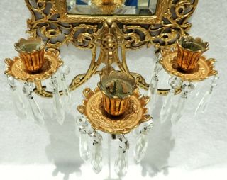 Antique Bradley Hubbard Brass Crystal Prism Figural Candle Mirror Wall Sconce 10